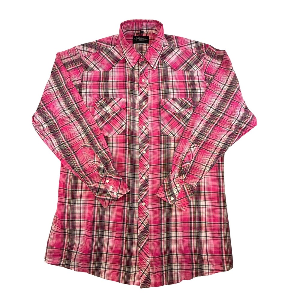 White Horse Pink Plaid Western Pearl Snap Shirt Womens Large Long Sleeve Cowboy